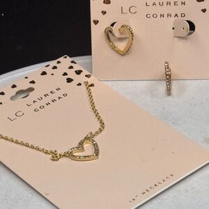 LC Lauren Conrad Gold Tone Crystal Heart Pendant Necklace & Earring Set 16in